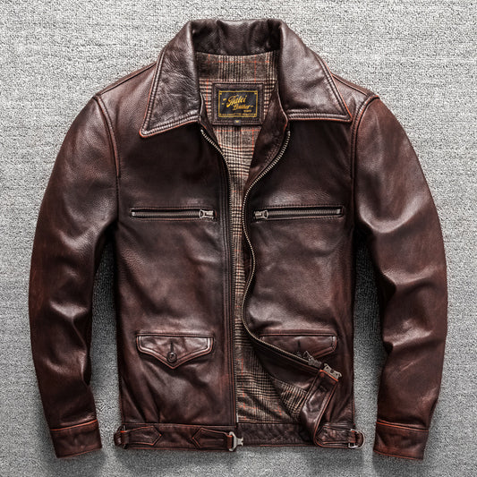 Men's cowhide genuine leather jacket flight suit short jacket