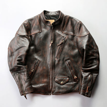 RL genuine leather jacket men's stand collar heavy washed first layer cowhide retro distressed motorcycle jacket