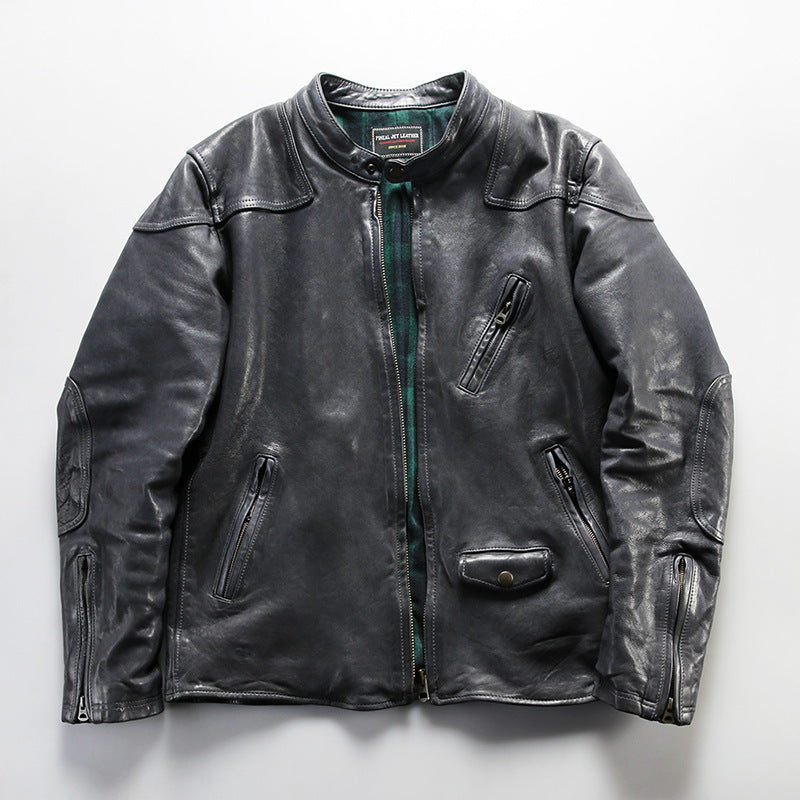 Men's sheepskin leather jacket, movie style stand collar genuine leather jacket