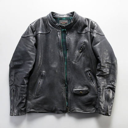 Men's sheepskin leather jacket, movie style stand collar genuine leather jacket