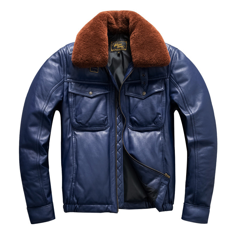 Men's top layer sheepskin leather down jacket warm short fur collar leather jacket large size winter coat
