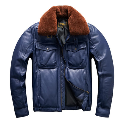 Men's top layer sheepskin leather down jacket warm short fur collar leather jacket large size winter coat