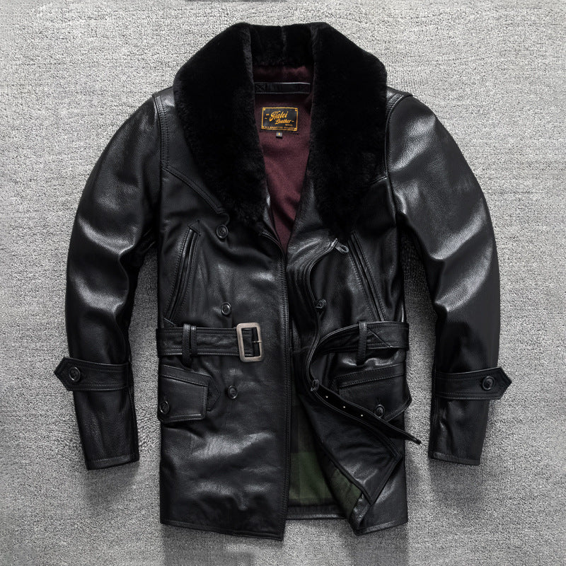 Men's mid-length fur collar casual large size autumn and winter jacket with top layer of cowhide leather
