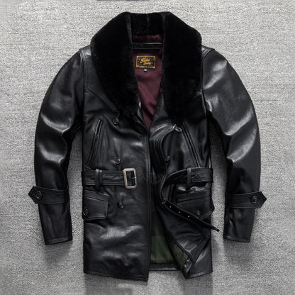 Men's mid-length fur collar casual large size autumn and winter jacket with top layer of cowhide leather