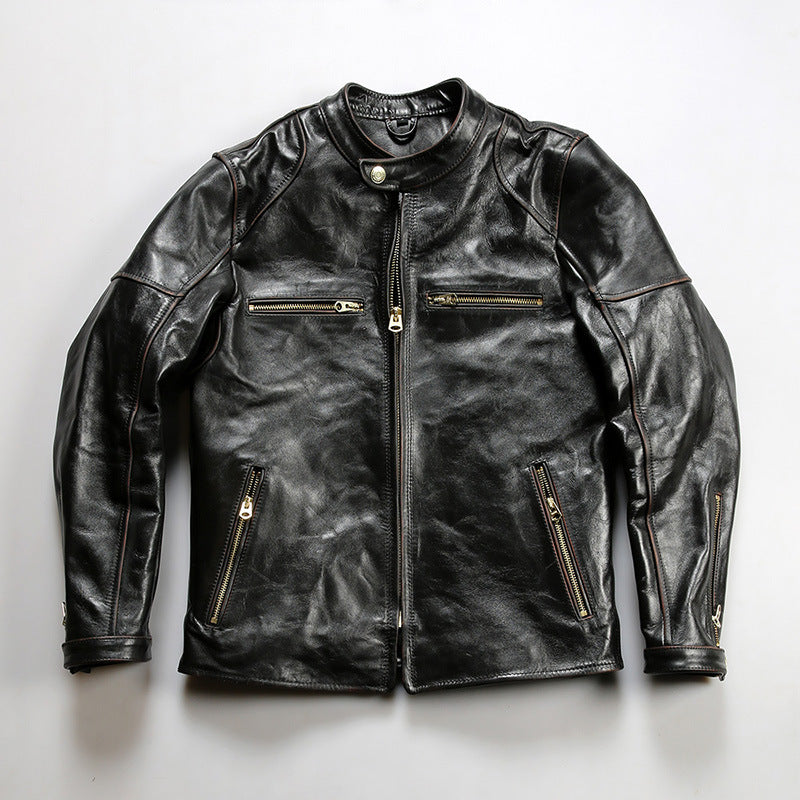 Japanese style motorcycle jacket J100 men's slim fit short genuine leather jacket