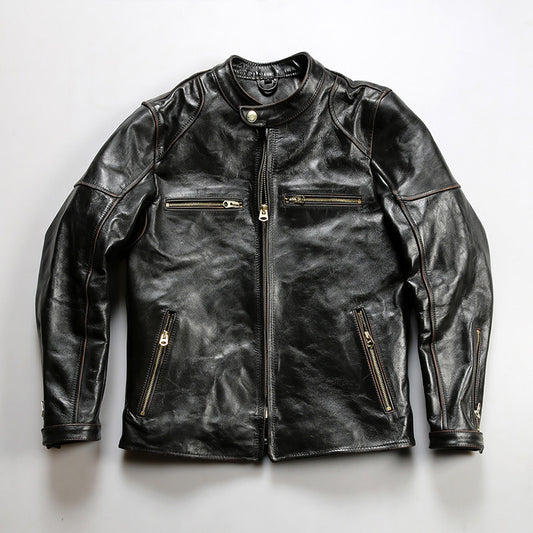 Japanese style motorcycle jacket J100 men's slim fit short genuine leather jacket