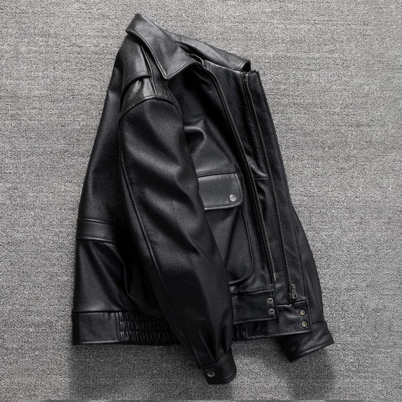 Men's top layer cowhide genuine leather jacket classic flight suit short casual large size jacket