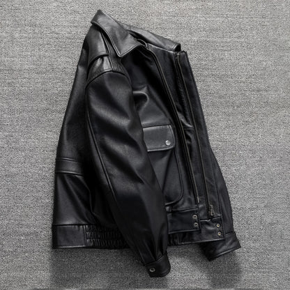 Men's top layer cowhide genuine leather jacket classic flight suit short casual large size jacket