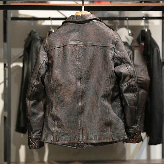 American horsehide leather jacket washed distressed lapel short vintage leather motorcycle jacket