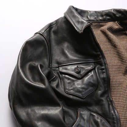 Farmer distressed vegetable tanned cowhide leather jacket for men with lapel
