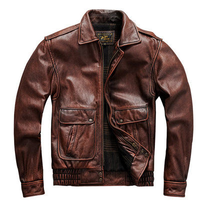 Vintage men's flight suit first layer cowhide leather motorcycle jacket autumn and winter jacket