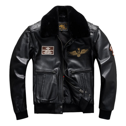 Men's winter large size top layer cowhide genuine leather jacket with fur collar flight suit jacket