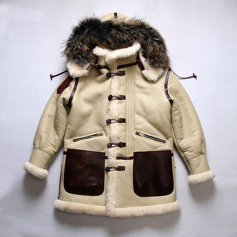 B7 Flight Suit Sheepskin Jacket with Detachable Hood, Mid-Length, Sheepskin