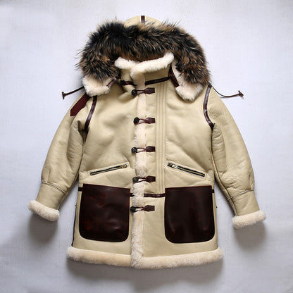 B7 Flight Suit Sheepskin Jacket with Detachable Hood, Mid-Length, Sheepskin