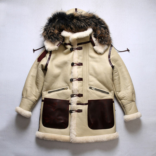 B7 Flight Suit Sheepskin Jacket with Detachable Hood, Mid-Length, Sheepskin