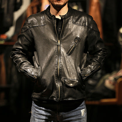 Men's sheepskin leather jacket, movie style stand collar genuine leather jacket