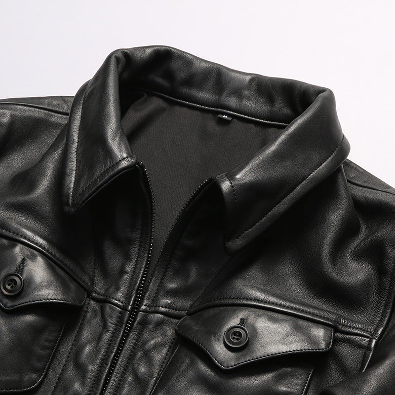 Genuine leather jacket for men, lapel motorcycle style, calfskin leather coat