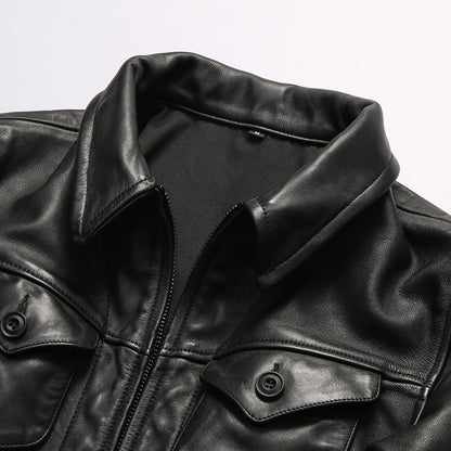 Genuine leather jacket for men, lapel motorcycle style, calfskin leather coat