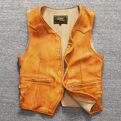 Men's vintage top layer sheepskin washed leather vest