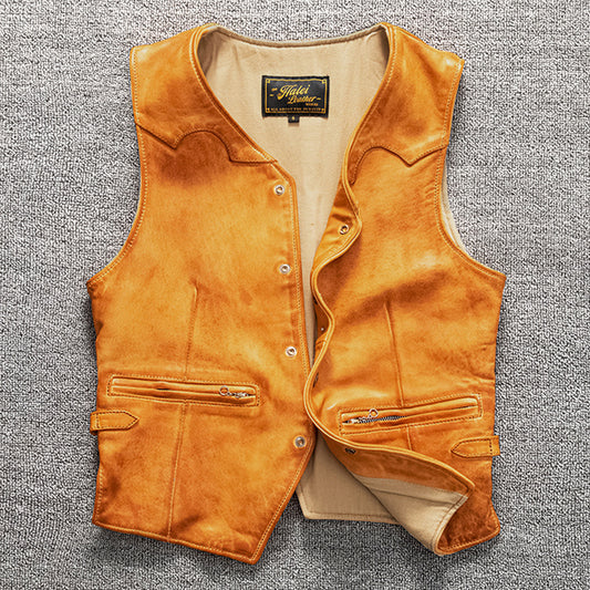 Men's vintage top layer sheepskin washed leather vest