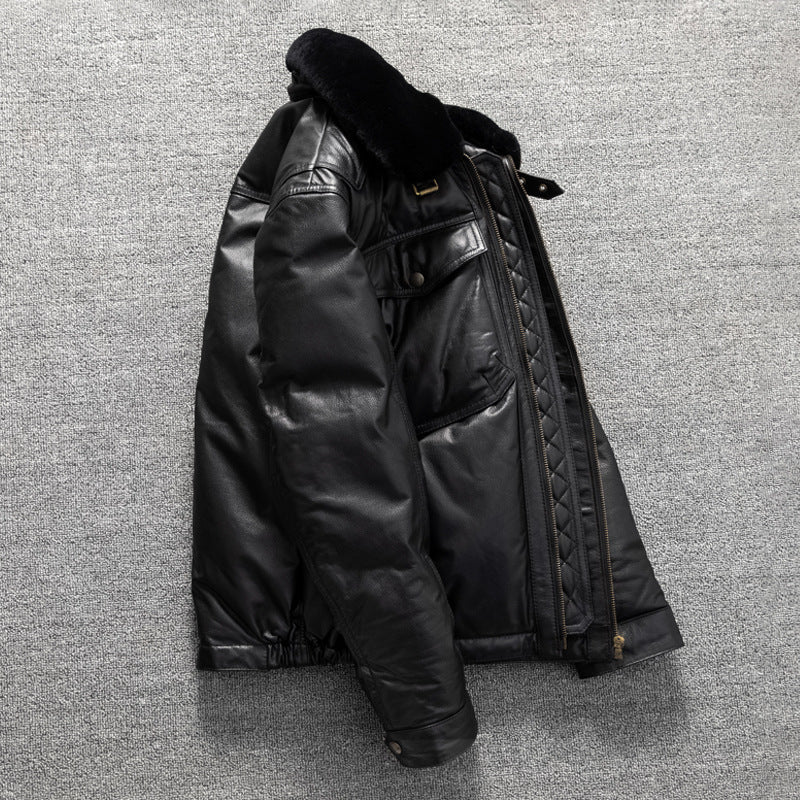 Large size men's top layer cowhide genuine leather down jacket, windproof and warm, simple winter jacket