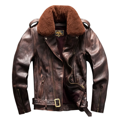Men's top layer cowhide fur collar motorcycle jacket genuine leather jacket autumn and winter