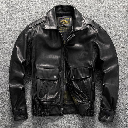 Vintage washed genuine leather jacket flight suit first layer cowhide leather jacket men's autumn and winter large size coat
