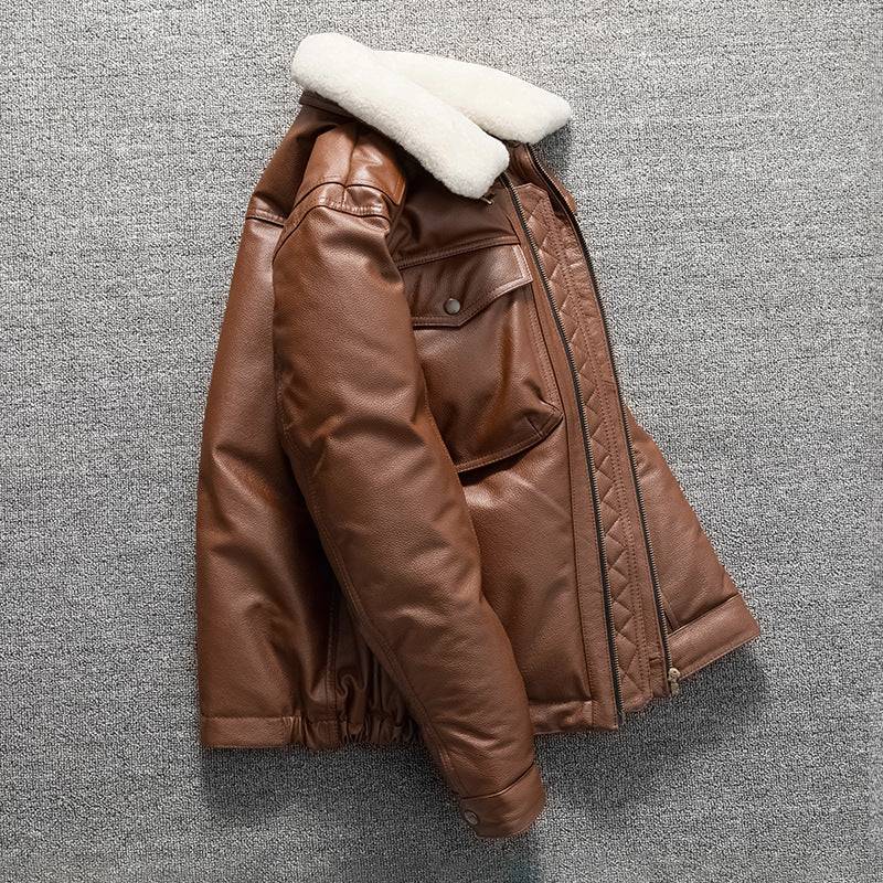 Men's first-layer cowhide down jacket, warm plus size genuine leather jacket, short plus size coat