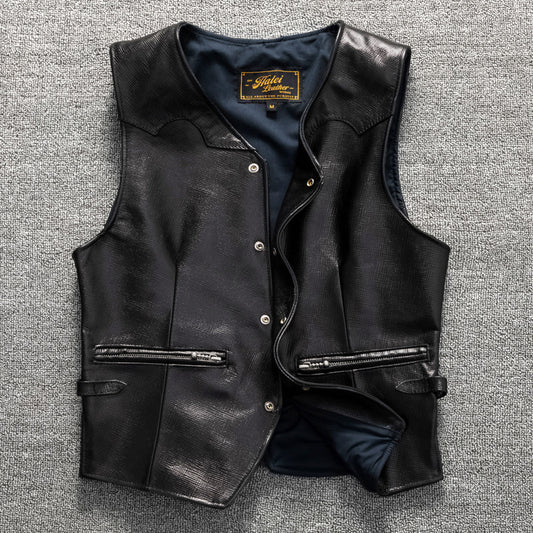 Men's vintage top layer sheepskin leather casual vest
