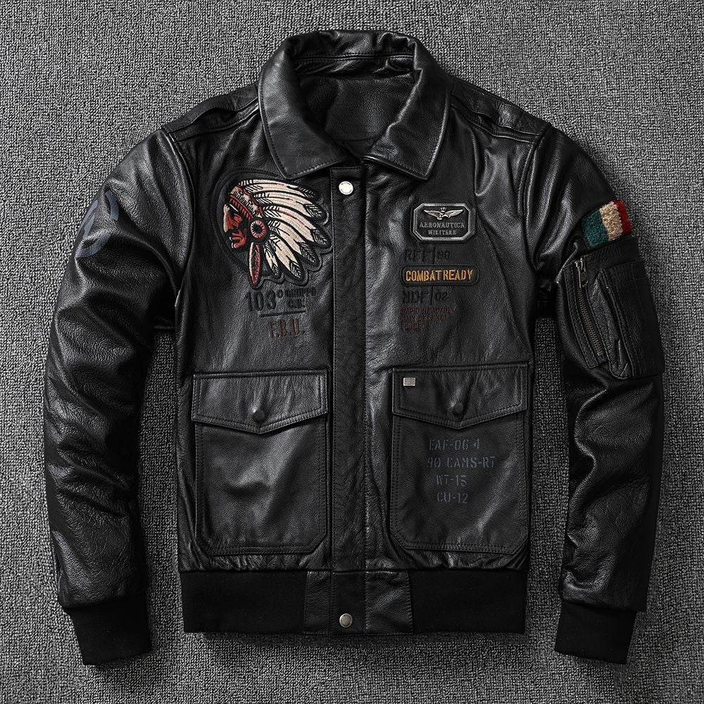 American Indian embroidery top layer cowhide leather jacket men's flight suit youth leather jacket