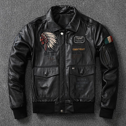 American Indian embroidery top layer cowhide leather jacket men's flight suit youth leather jacket