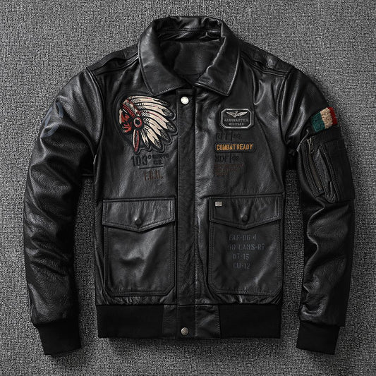 American Indian embroidery top layer cowhide leather jacket men's flight suit youth leather jacket
