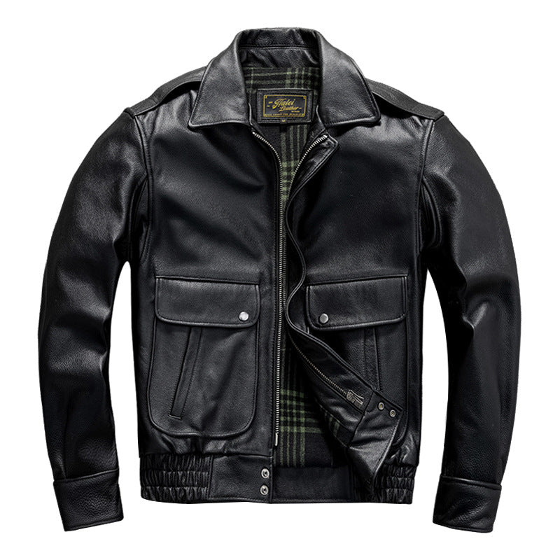 Men's top layer cowhide genuine leather jacket classic flight suit short casual large size jacket