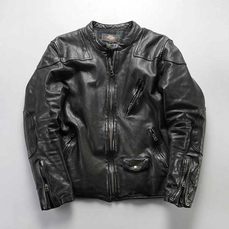 Men's sheepskin leather jacket, movie style stand collar genuine leather jacket