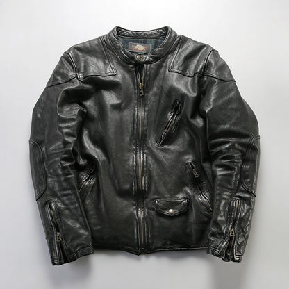 Men's sheepskin leather jacket, movie style stand collar genuine leather jacket