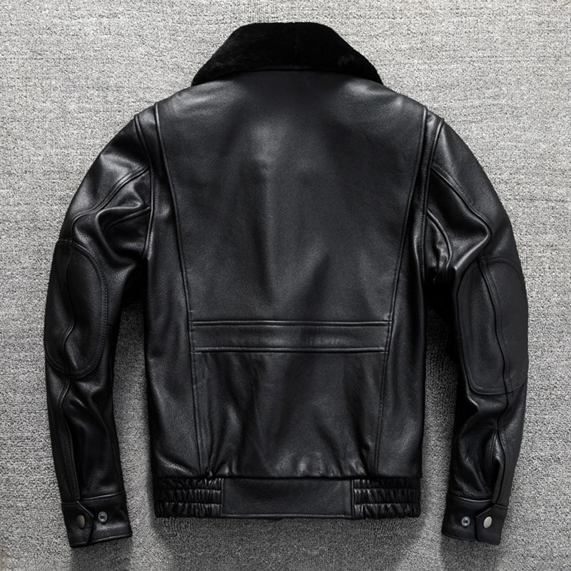 Top layer cowhide genuine leather jacket flight suit fur collar casual men's short autumn and winter large size jacket