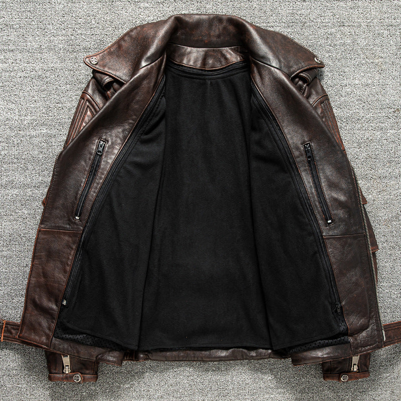 Men's top layer cowhide leather motorcycle jacket short leather jacket