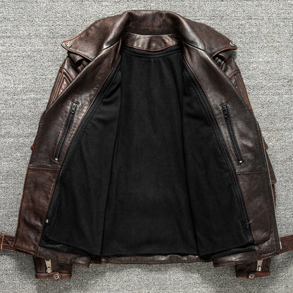 Men's top layer cowhide leather motorcycle jacket short leather jacket