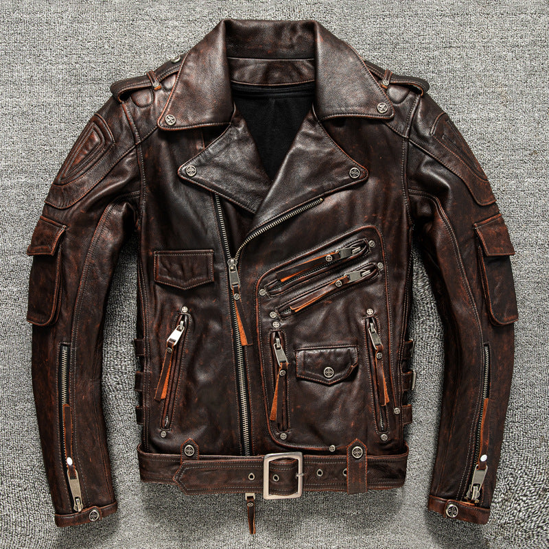 Men's top layer cowhide leather motorcycle jacket short leather jacket