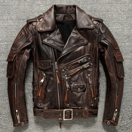 Men's top layer cowhide leather motorcycle jacket short leather jacket