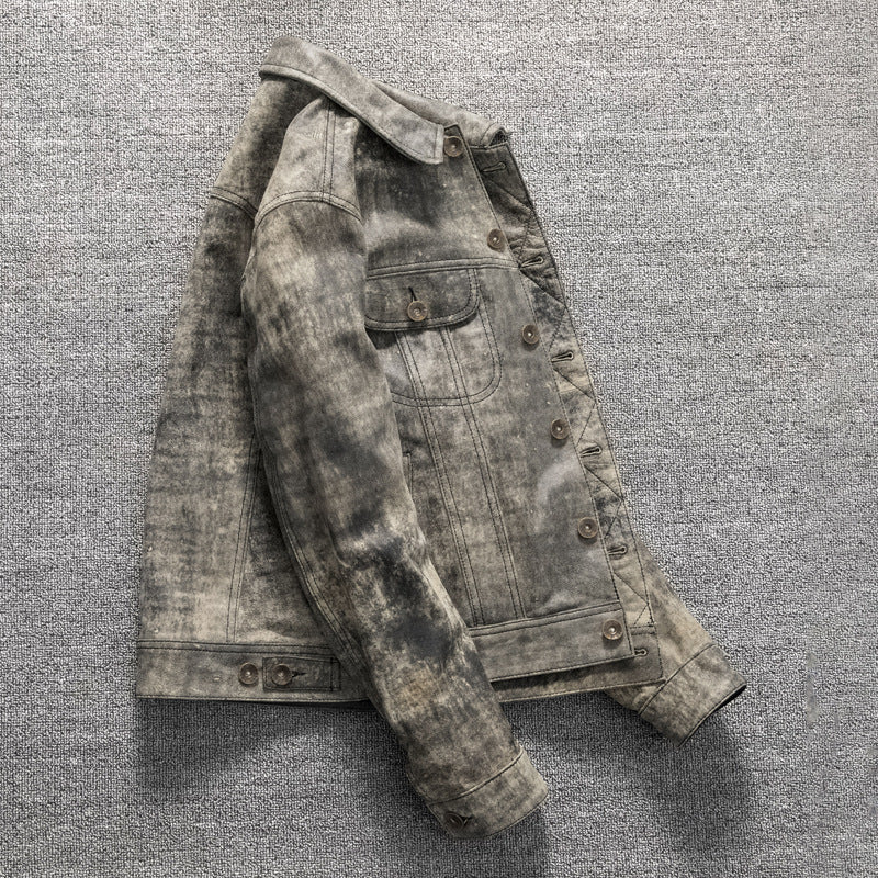 Men's top layer sheepskin leather jacket vintage leather jacket lapel short slim fit distressed gray coat
