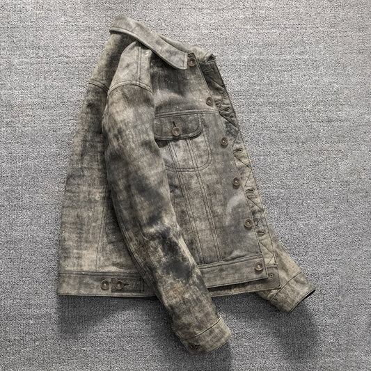 Men's top layer sheepskin leather jacket vintage leather jacket lapel short slim fit distressed gray coat