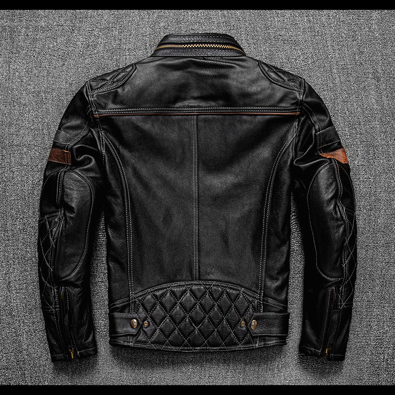 Men's top layer cowhide genuine leather jacket with stand collar motorcycle jacket and protective gear