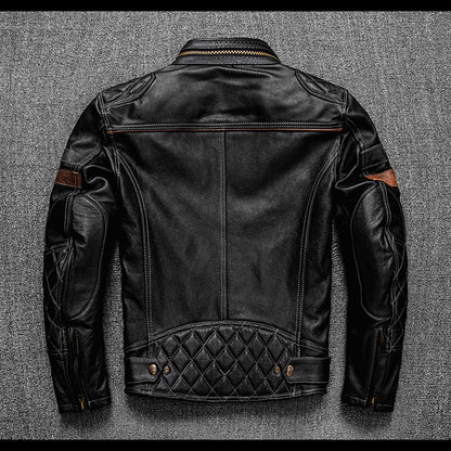 Men's top layer cowhide genuine leather jacket with stand collar motorcycle jacket and protective gear