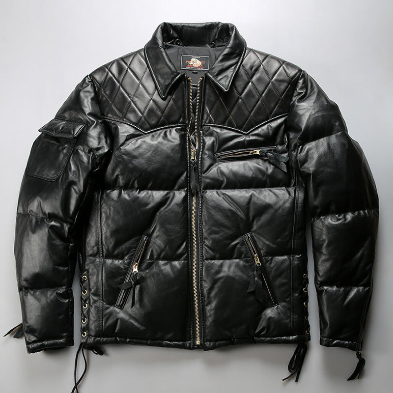 Men's winter motorcycle-style patchwork horsehide and sheepskin down jacket, genuine leather down jacket