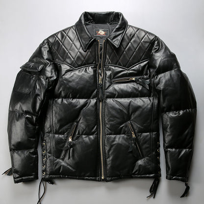 Men's winter motorcycle-style patchwork horsehide and sheepskin down jacket, genuine leather down jacket