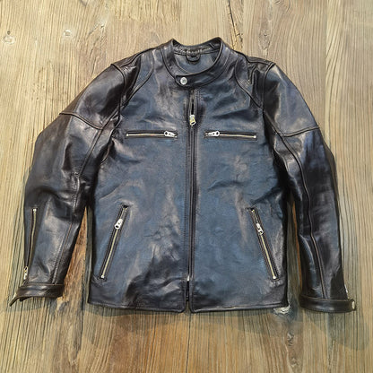 Japanese style motorcycle jacket J100 men's slim fit short genuine leather jacket