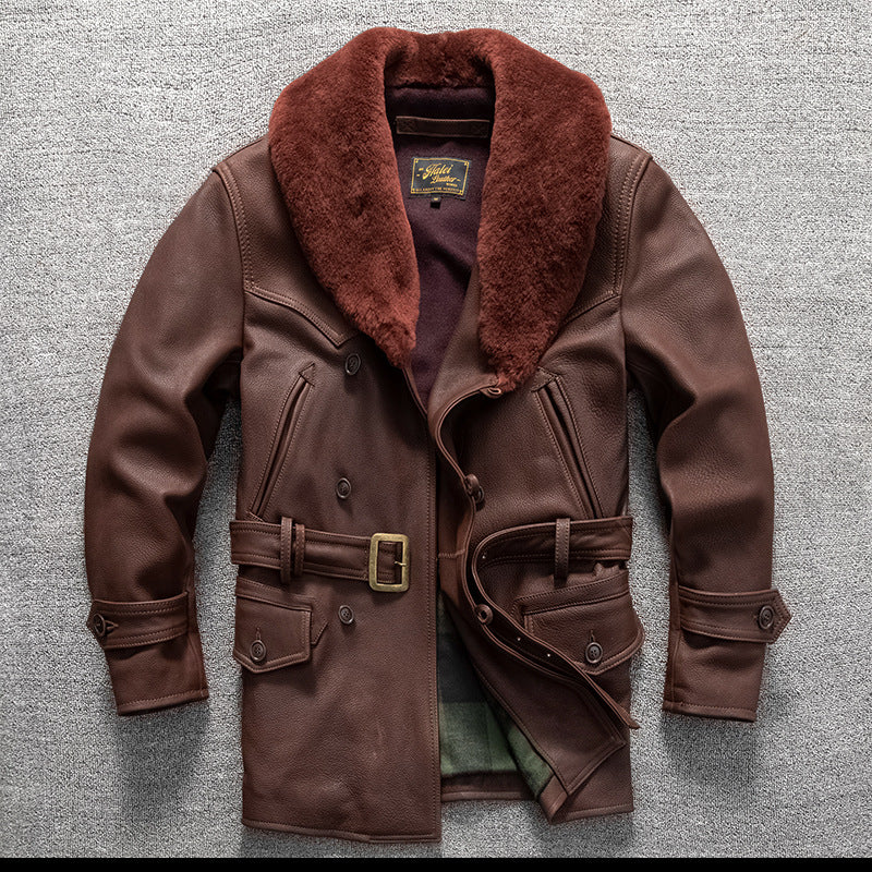 Retro mid-length men's genuine leather trench coat, top layer cowhide leather jacket, fur collar, large size winter coat