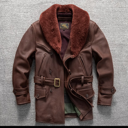 Retro mid-length men's genuine leather trench coat, top layer cowhide leather jacket, fur collar, large size winter coat