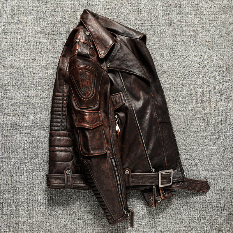 Men's top layer cowhide leather motorcycle jacket short leather jacket